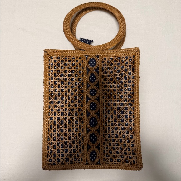 Handbags - Elegant Tan and Navy Woven Tote Bag